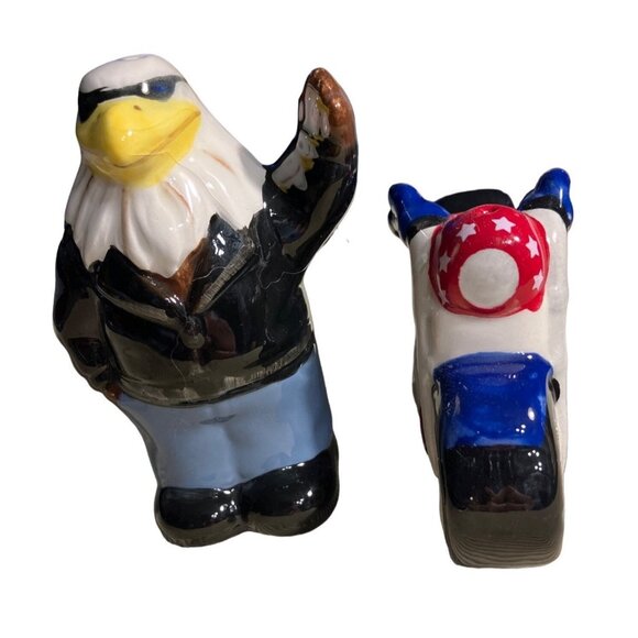 Ceramic Bald Eagle & Motorcycle Salt & Pepper Shakers - Picture 5 of 16
